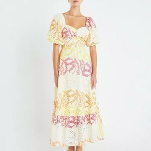 English Factory Cream Maxi Dress Puff Sleeves Sweetheart Neckline Open Back